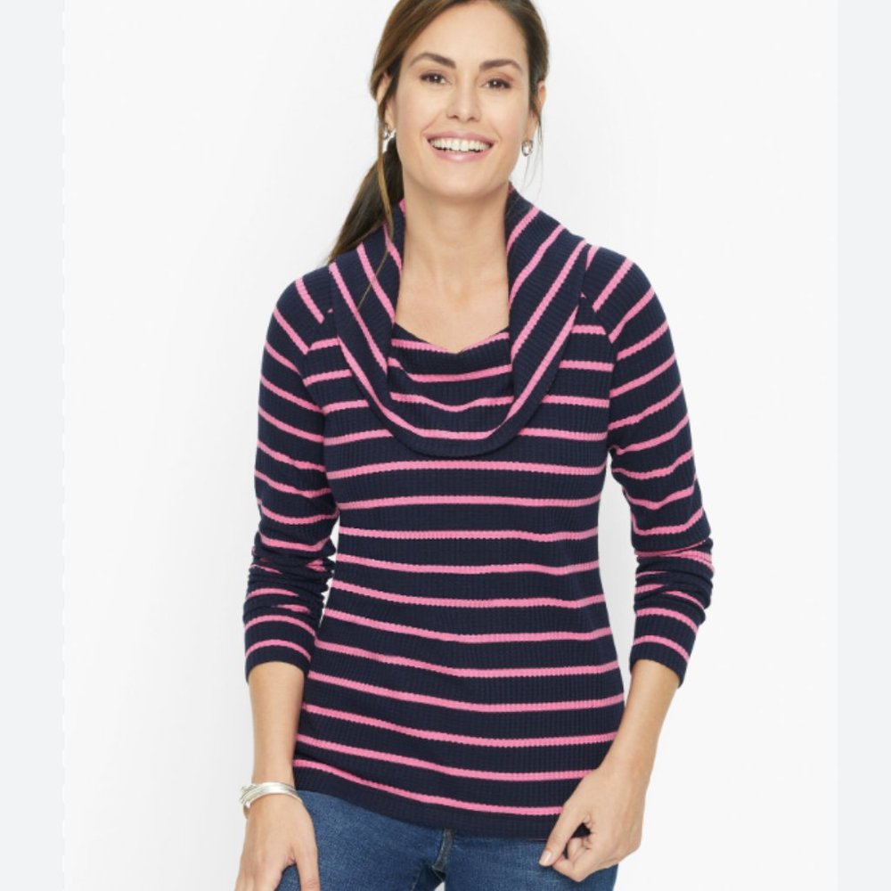 Talbots Raglan Waffle Knit Cowlneck Warren Stripe Tee Size L